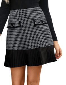 Kate Kasin Damen Eleganter A-Linien Hochwaist Faltenrock aus Tweed im Karomuster – kurzer Freizeitrock mit Taschen
