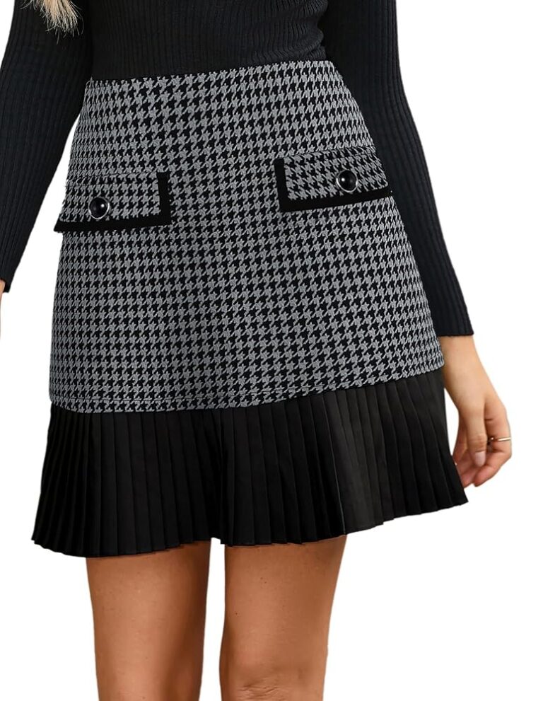 Kate Kasin Damen Eleganter A-Linien Hochwaist Faltenrock aus Tweed im Karomuster – kurzer Freizeitrock mit Taschen