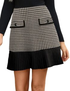 Kate Kasin Damen Eleganter A-Linien Hohe Taille Faltenrock aus Tweed im Karomuster Minirock Kurz Mit Taschen