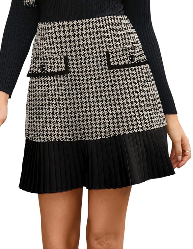 Kate Kasin Damen Eleganter A-Linien Hohe Taille Faltenrock aus Tweed im Karomuster Minirock Kurz Mit Taschen