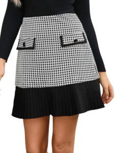 Kate Kasin Damen Eleganter A-Linien Rock Hohe Taille Faltenrock Tweed Karomuster Minirock Kurz Freizeitrock mit Taschendekoration