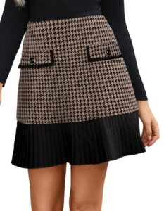 Kate Kasin Damen Eleganter A-Linien Rock mit Hoher Taille, Faltenrock aus Tweed im Karodesign, Kurzer Freizeitrock mit Taschen