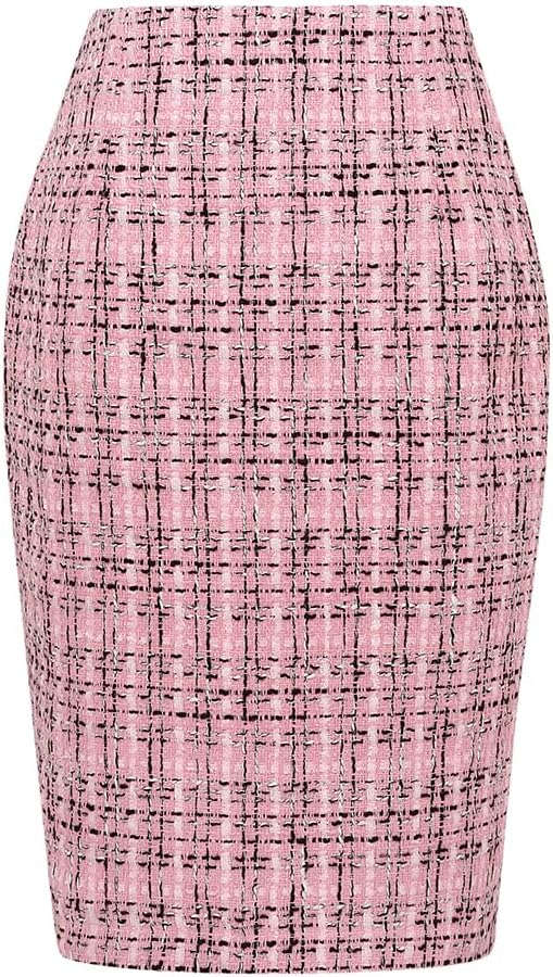 Kinghua Damen-Karierter Bleistiftrock aus Wolle für Herbst und Winter, hohe Taille, figurbetont mit Schlitz, knielange Midilänge