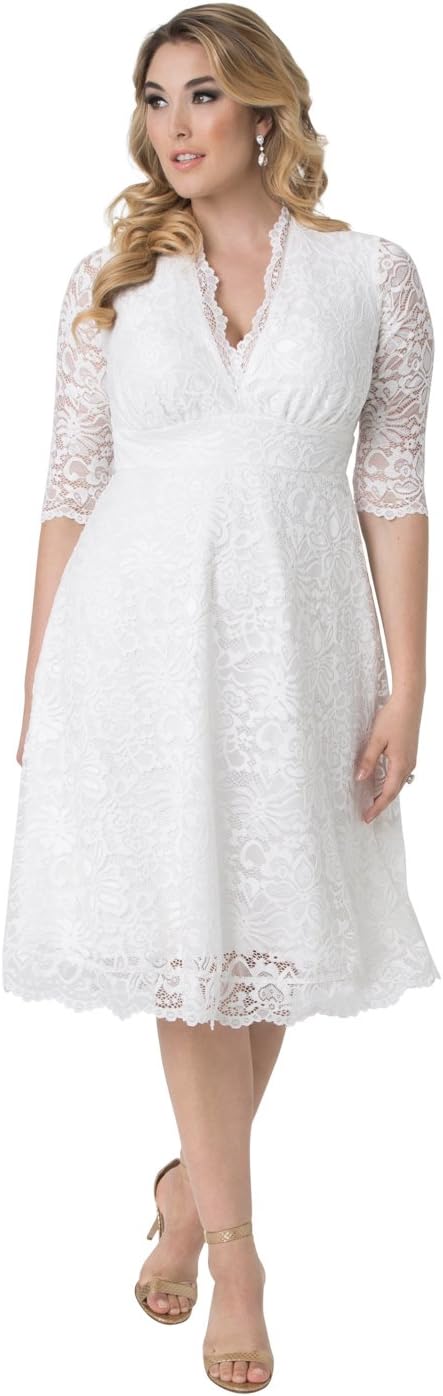 Kiyonna Damen Bella Übergrößen Spitzenkleid in Elfenbein – ideales schlichtes Hochzeitskleid für Brautpartys oder Abschlussfeiern im Midi-Stil