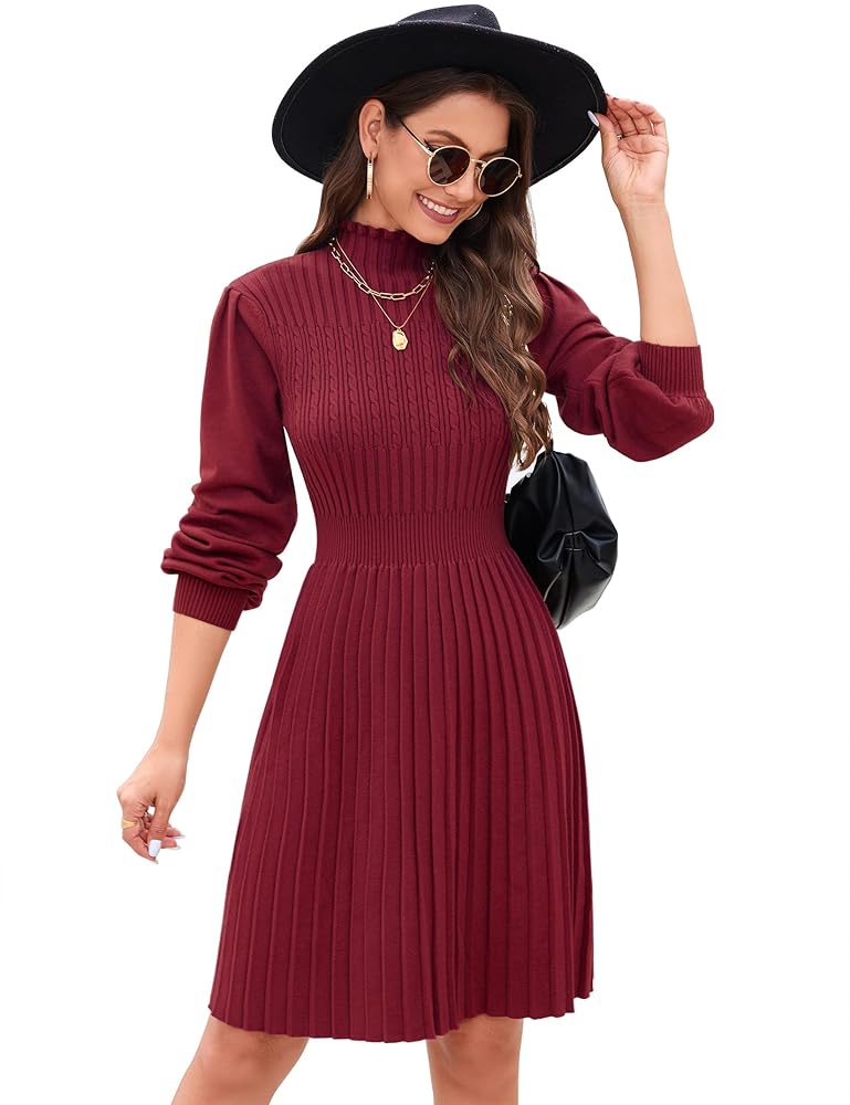 KOJOOIN Damen Strickkleid Elegant mit Rollkragen, Langarm, A-Linien Minikleid, Rundhals Pulloverkleid (Nachhaltige Verpackung)