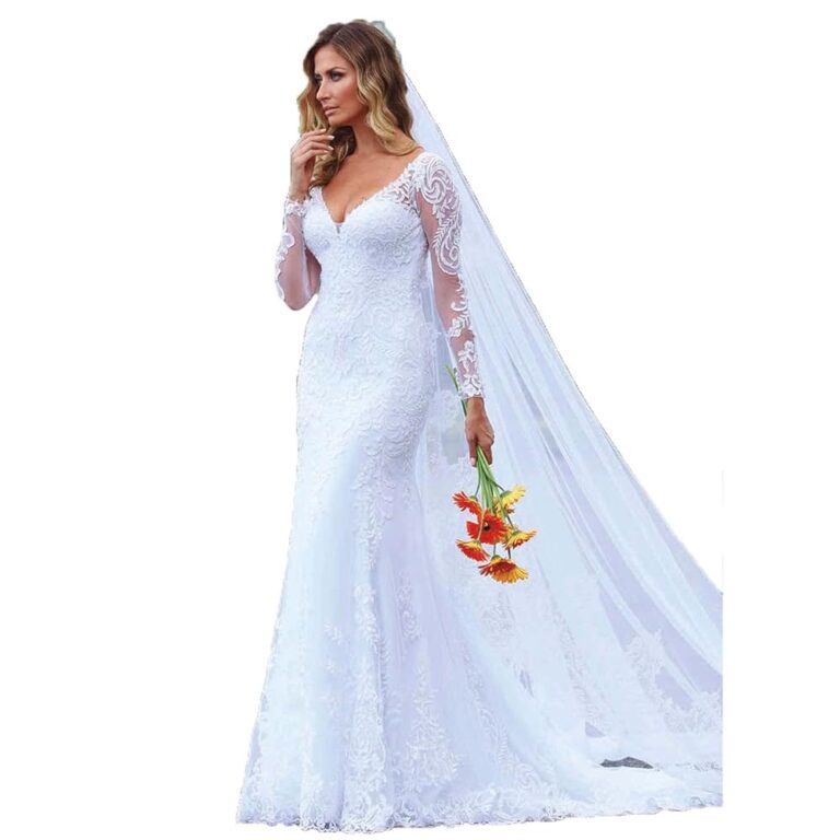 Langärmliges Hochzeitskleid in Weiß mit Blumenapplikationen