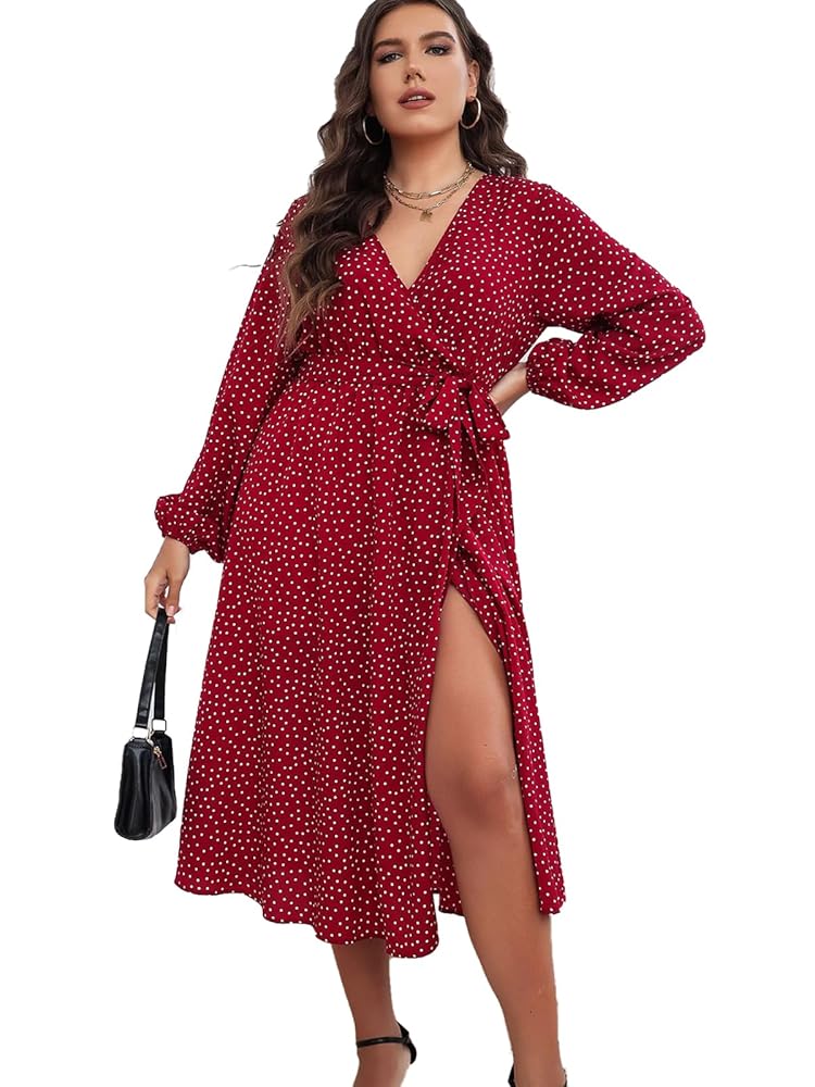 LIAMERHE Damen Elegantes Übergrößen Kleid mit V-Ausschnitt – A-Linie Herbstkleid mit Blumenmuster und langen Ärmeln für Freizeit und Wintermode