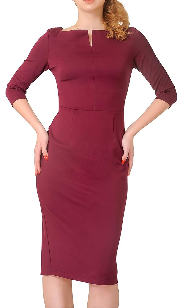 Marycrafts Damen Bürokleid Midi mit quadratischem Ausschnitt