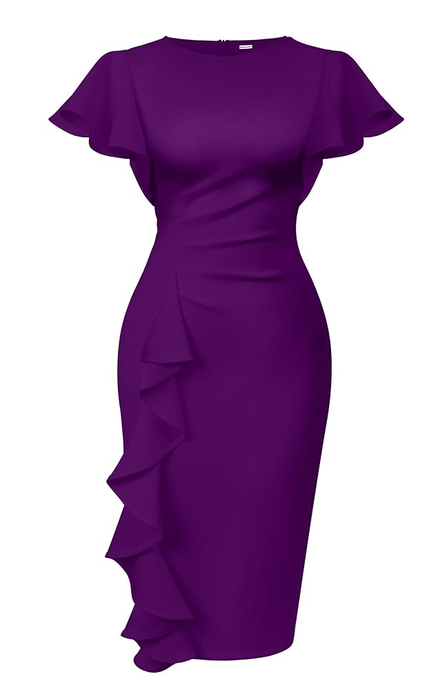 Memoriesea Damen Bleistiftkleid im Vintage-Stil mit Kirchenärmeln, Rüschen, figurbetonter Passform, Midi-Länge für die Arbeit