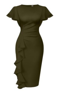 Memoriesea Damen Midi-Bleistiftkleid im Vintage-Stil mit Kirchenärmeln, Rüschen und figurbetonter Passform für die Arbeit