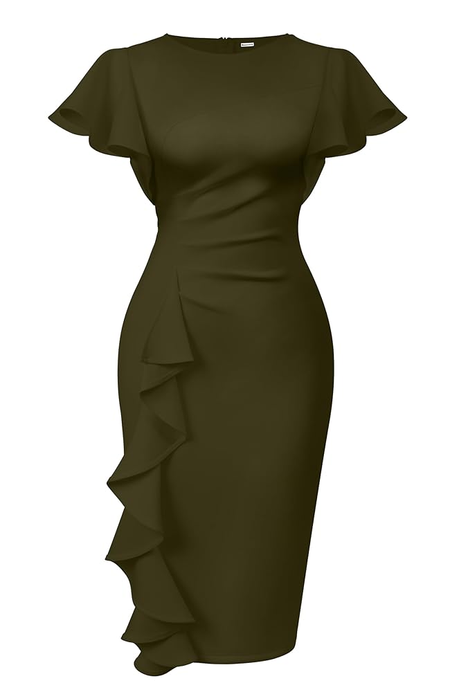 Memoriesea Damen Midi-Bleistiftkleid im Vintage-Stil mit Kirchenärmeln, Rüschen und figurbetonter Passform für die Arbeit