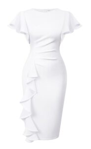 Memoriesea Damen Midi-Bleistiftkleid im Vintage-Stil mit Kirchenärmeln, Rüschen und figurbetonter Passform für den Arbeitsplatz
