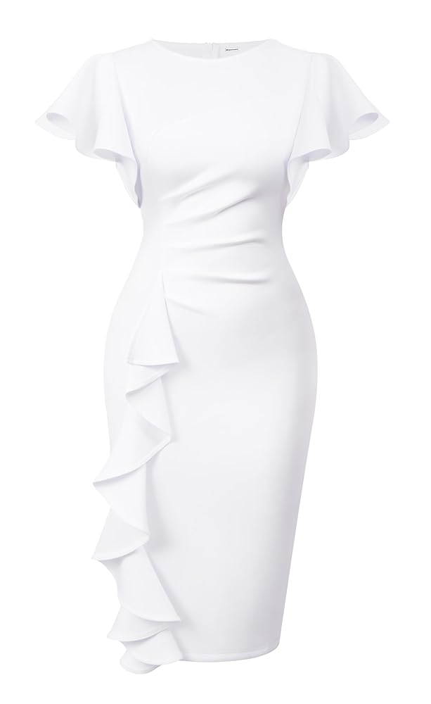 Memoriesea Damen Midi-Bleistiftkleid im Vintage-Stil mit Kirchenärmeln, Rüschen und figurbetonter Passform für den Arbeitsplatz