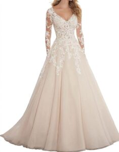 Mingxuerong 2018 Damen Hochzeitskleid A-Linie mit langen Ärmeln aus Spitze, schulterfreies Brautkleid mit Zug
