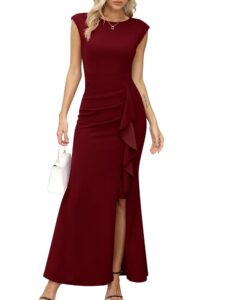 Missufe Damen Maxi Abendkleid mit Flügelärmeln, Cocktailkleid mit Rüschen und Schlitz im Meerjungfrau-Stil für Hochzeiten und festliche Anlässe