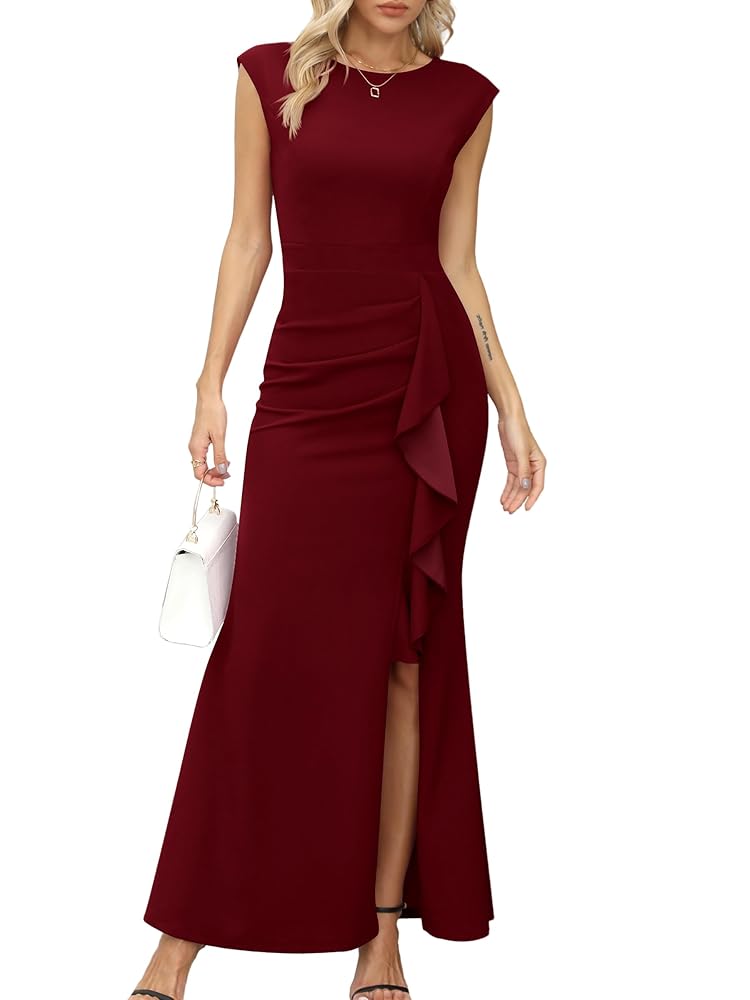 Missufe Damen Maxi Abendkleid mit Flügelärmeln, Cocktailkleid mit Rüschen und Schlitz im Meerjungfrau-Stil für Hochzeiten und festliche Anlässe