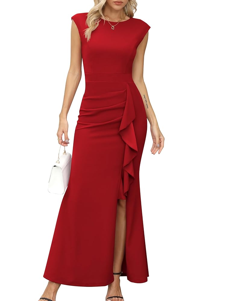 Missufe Damen Maxi Ballkleid mit Flügelärmeln, Cocktail-Rüsche, Schlitz, Meerjungfrau-Schnitt, Bodycon, für Hochzeiten und festliche Anlässe