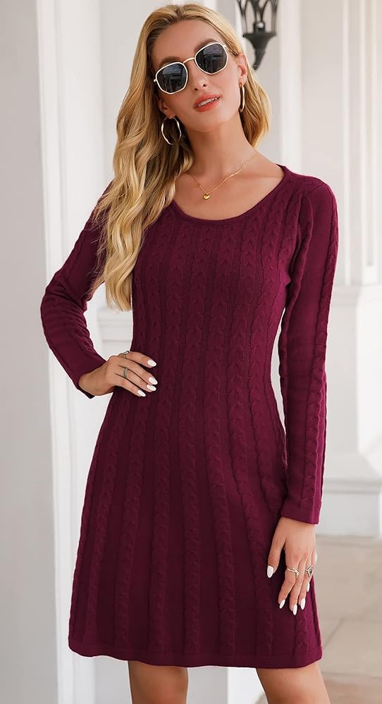 Neitooh Damen Elegantes Strickpulloverkleid für den Winter – Langarm, Einfarbig, Rundhals, Minikleid
