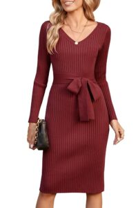 Newshows Damen Strickkleid mit langen Ärmeln, knielang, elegantes Pulloverkleid für den Winter und Herbst, inkl. Gürtel