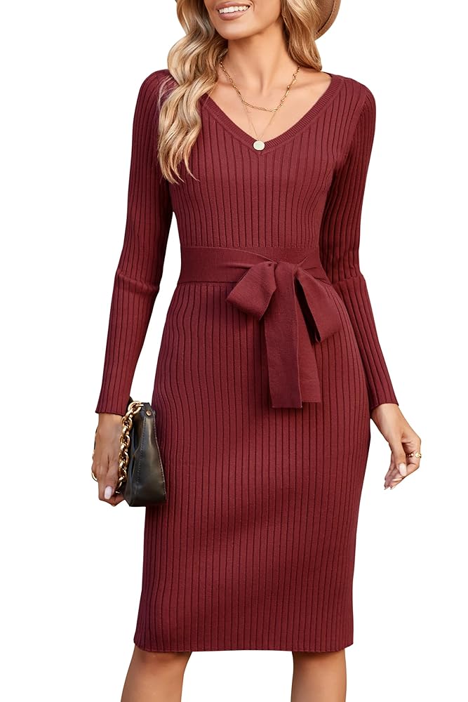 Newshows Damen Strickkleid mit langen Ärmeln, knielang, elegantes Pulloverkleid für den Winter und Herbst, inkl. Gürtel