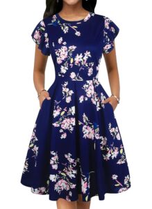 Oxiuly OX253 Vintage-Damenkleid mit halben Ärmeln, O-Ausschnitt und kontrastierenden Taschen für Partys