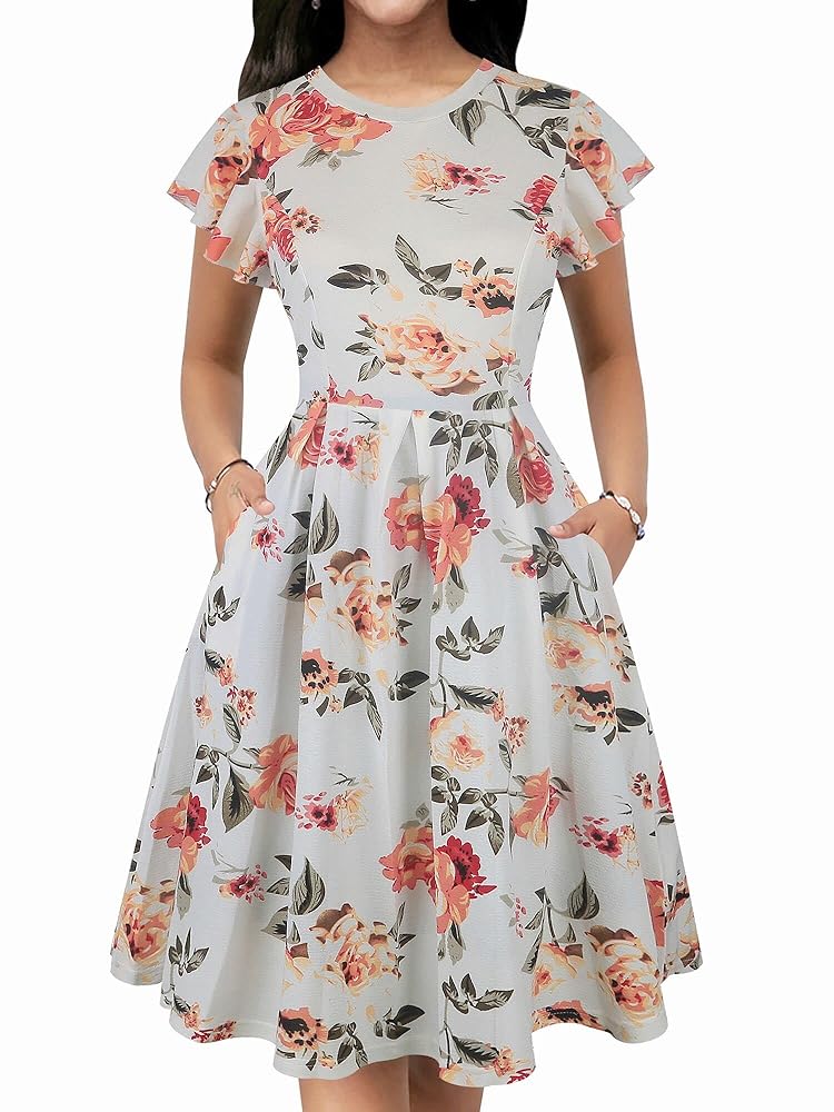 Oxiuly OX253 Vintage-Damenkleid mit halben Ärmeln, O-Ausschnitt und kontrastierenden Taschen – ideales Partykleid