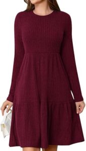 Ritiriko Damen Langarm Herbstkleid mit Taschen 2024 – Geripptes Strickpullover-Kleid in Knielänge mit Rundhalsausschnitt