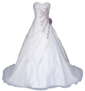Romantisches Brautkleid in Weiß – Modell W020, A-Linie, lang, aus Satin mit Perlen, Pailletten und lila Stickerei - Hochzeitskleid DE