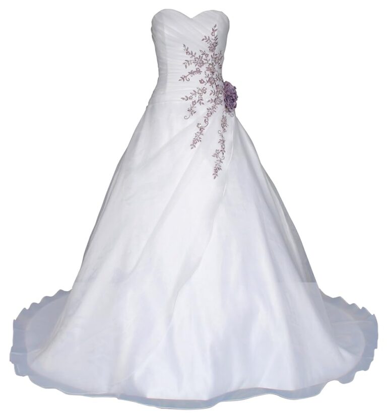 Romantisches Brautkleid in Weiß – Modell W020, A-Linie, lang, aus Satin mit Perlen, Pailletten und lila Stickerei - Hochzeitskleid DE