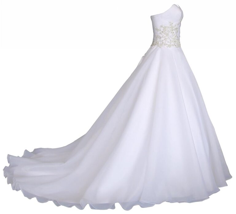 Romantisches Brautkleid in Weiß, Modell W031 – A-Linie, lang, satin, trägerlos mit Perlen und Strass