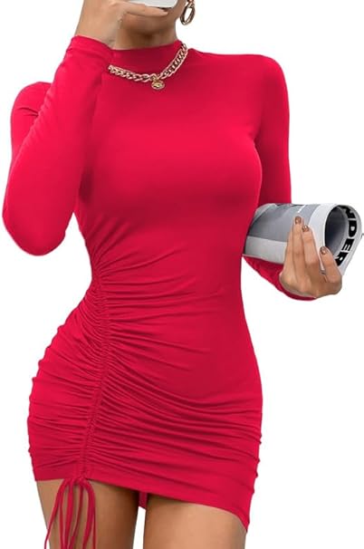 Rongseng Damen Figurbetontes Langarm Minikleid mit Stehkragen und Schnürung – Sexy Bodycon Herbstkleid für Partys und Freizeit, eng anliegendes Stretchkleid mit Kordelzug