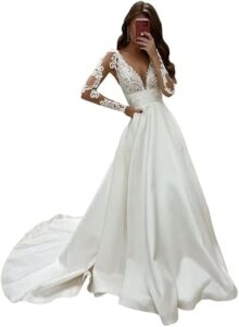 Satin Brautkleid in A-Linie mit Spitze und V-Ausschnitt, langärmlig, Elfenbein, Größe 50