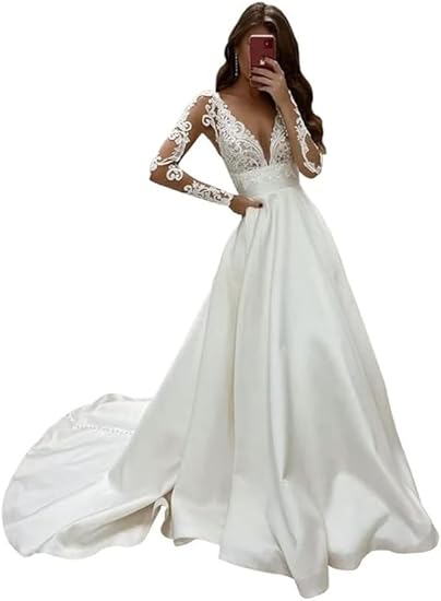 Satin Brautkleid in A-Linie mit Spitze und V-Ausschnitt, langärmlig, Elfenbein, Größe 50