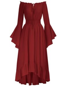 SCARLET DARKNESS Damen Maxikleid im Renaissance-Stil mit gesmokter Taille und High-Low-Design – Mittelalterkleid