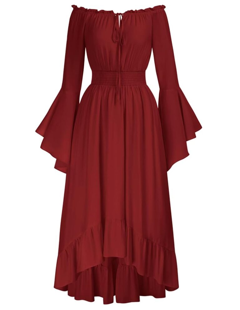 SCARLET DARKNESS Damen Maxikleid im Renaissance-Stil mit gesmokter Taille und High-Low-Design – Mittelalterkleid