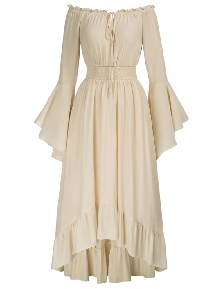 SCARLET DARKNESS Damen Maxikleid im Renaissance-Stil mit gesmokter Taille und High-Low-Design – Mittelalterliches Kleid