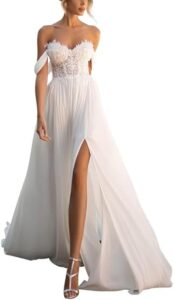 SEVENYXX Damen Standesamt Brautkleid Schulterfrei aus Chiffon mit Schlitz, Weiß, Größe 40