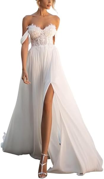 SEVENYXX Damen Standesamt Brautkleid Schulterfrei aus Chiffon mit Schlitz, Weiß, Größe 40