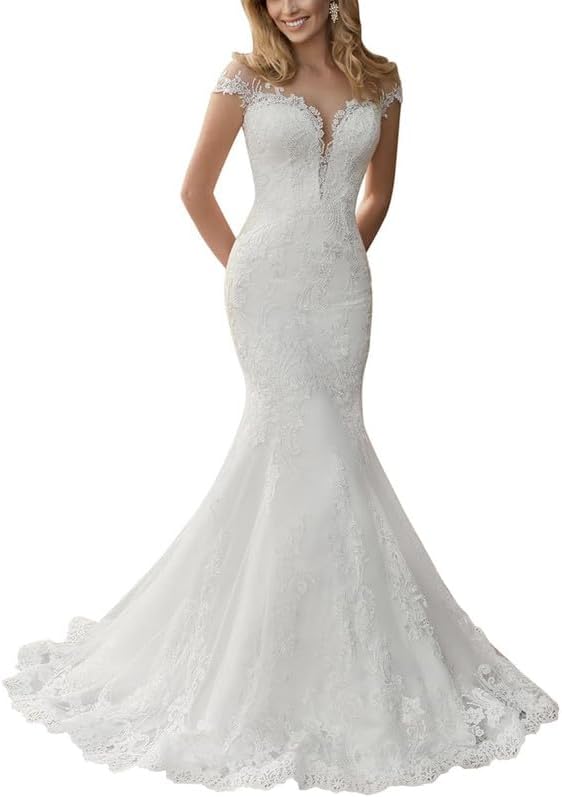 SEVENYXX Langärmliges Meerjungfrau-Brautkleid in Weiß - Prinzessin Stil für standesamtliche Trauungen, Größe 52