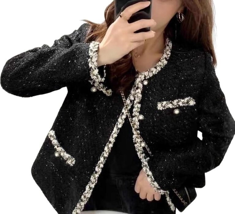 Suncadmious Damen Eleganter Lässiger Koreanischer Tweed Blazer mit Rundkragen und Karomuster – Knopfleiste Kurzjacke
