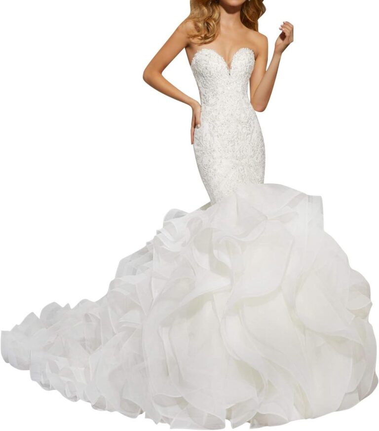 TAIGUHUI Meerjungfrau Brautkleid mit Spitzen-Ausschnitt, lange Brautmode in Weiß, Größe 54