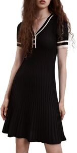 URBAN REVIVO Damen Kurzarm Tweed Kleid mit Strickpullover und Perlenknopf - Minikleid für Frühling, Sommer und Herbst