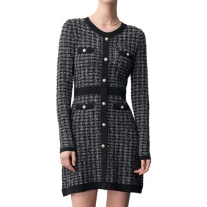 URBAN REVIVO Damen Kurzarm Tweed Kleid mit Strickpullover und Perlenknöpfen - Minikleid für Frühling, Sommer und Herbst