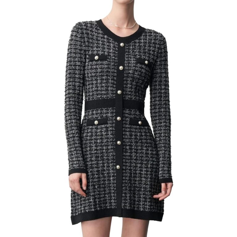 URBAN REVIVO Damen Kurzarm Tweed Kleid mit Strickpullover und Perlenknöpfen - Minikleid für Frühling, Sommer und Herbst