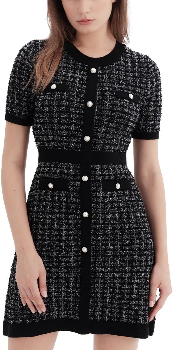 URBAN REVIVO Damen Kurzarm Tweed Pullover Kleid mit Perlenknöpfen – Minikleid für Frühling, Sommer und Herbst