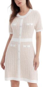 URBAN REVIVO Damen Kurzarm Tweed Pulloverkleid mit Perlenknöpfen – Minikleid für Frühling, Sommer und Herbst