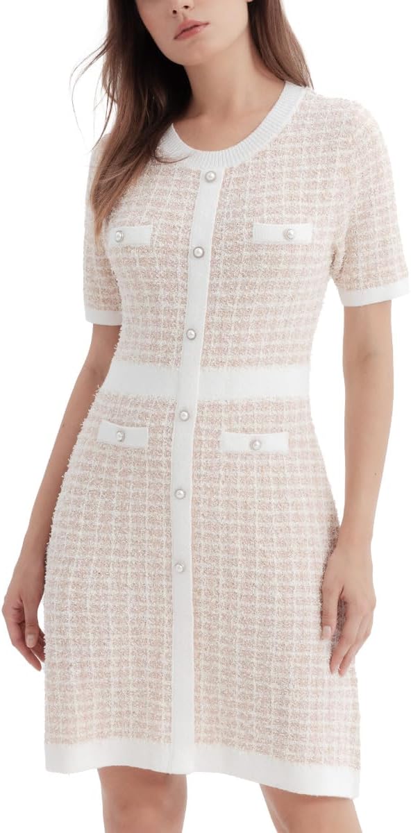 URBAN REVIVO Damen Kurzarm Tweed Pulloverkleid mit Perlenknöpfen – Minikleid für Frühling, Sommer und Herbst