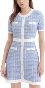 URBAN REVIVO Damen Kurzarm Tweed Pulloverkleid mit Perlenknöpfen – Minikleid für Frühling, Sommer und Herbst