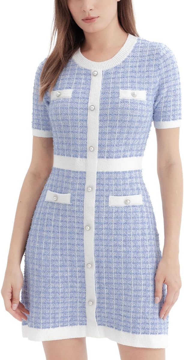 URBAN REVIVO Damen Kurzarm Tweed Pulloverkleid mit Perlenknöpfen – Minikleid für Frühling, Sommer und Herbst