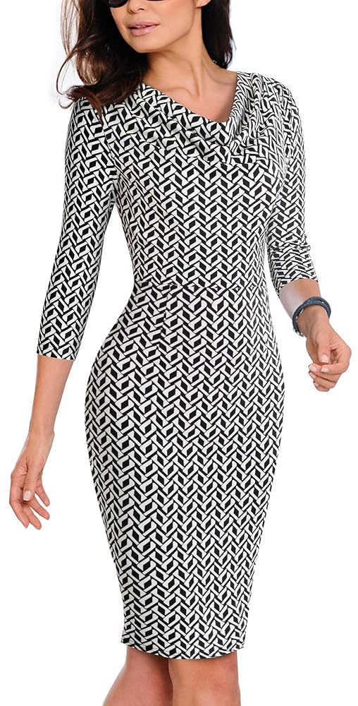 VELJIE Damen Kleid mit Wasserfall-Ausschnitt, bedruckt, ideal für Arbeit, Party und Cocktails